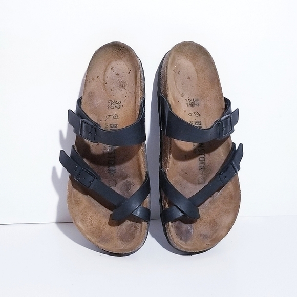 BIRKENSTOCK Miyari Birko Flor Sandals Black Leather Size 6 - Picture 1 of 16